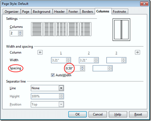 Edit Spacing between Columns in OpenOffice Writer