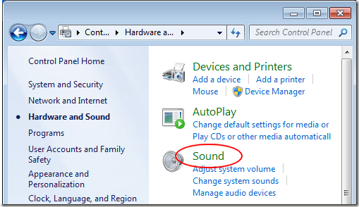 Hardware and Sound in Windows 7 Control Panel