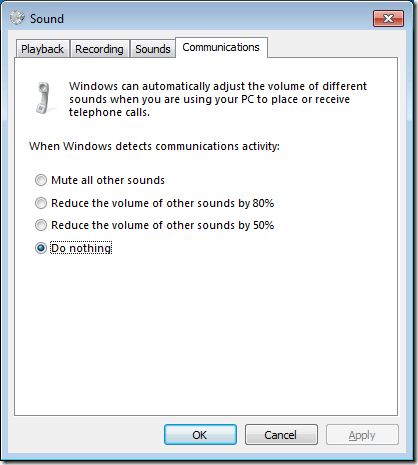 Mute Sound During Phone Calls in Windows 7