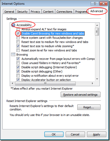 Permanently Turn on IE Caret Browsing
