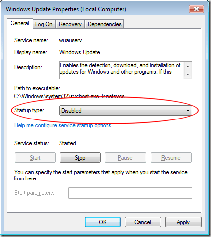 在Windows 7更新服务中设置启动类型