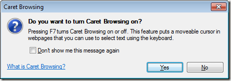 Temporarily Turn on Caret Browsing in Internet Explorer