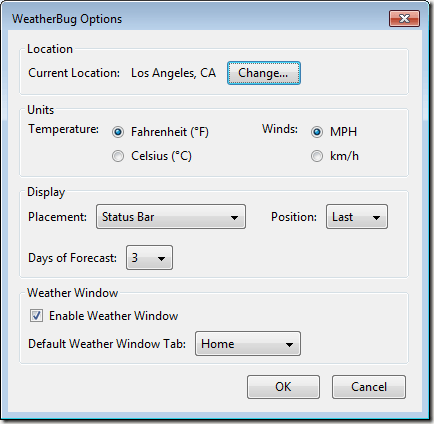 WeatherBug Options for Firefox