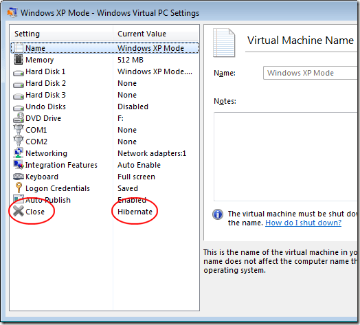 XP Mode Virtual Machine Default Hiberate Close