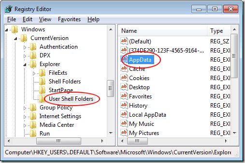 AppData in User Shell Folders in Registry Editor