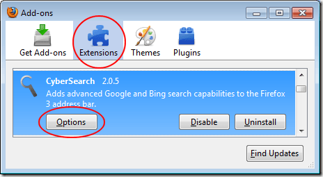 CyberSearch Options for Firefox