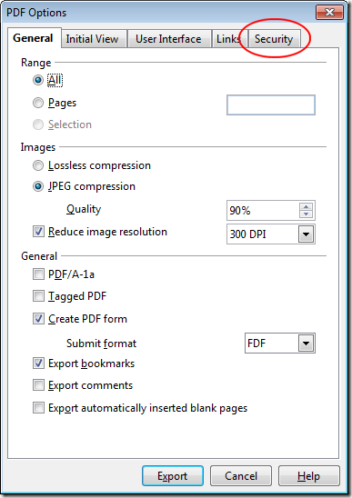 OpenOffice Writer PDF Option Security Tab