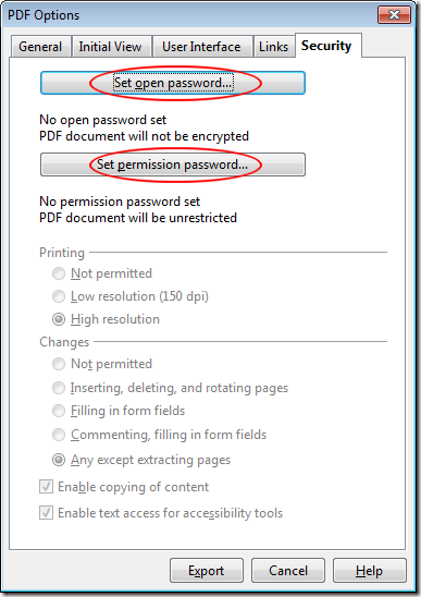 Set PDF Open and Permission Passwords in OpenOffice Writer