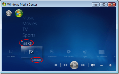 Windows Media Center Tasks Settings