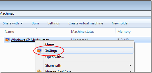 XP Mode Virtual Machine Settings
