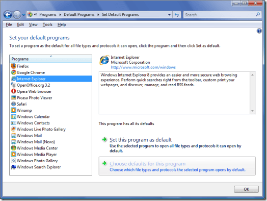 Default Programs Windows Vista and 7