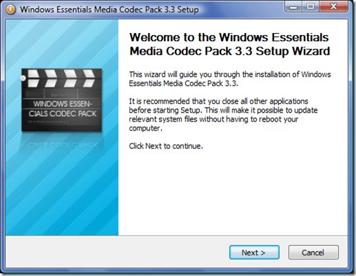 Install Windows Essentials Media Codec Pack