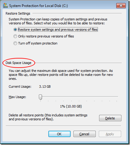 Adjust the Disk Space Reserved for Restore Points