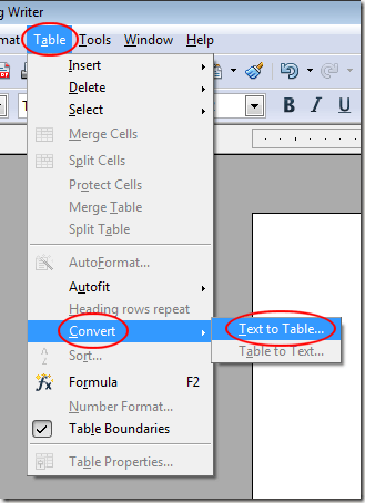 Convert Text to Table in OpenOffice Writer