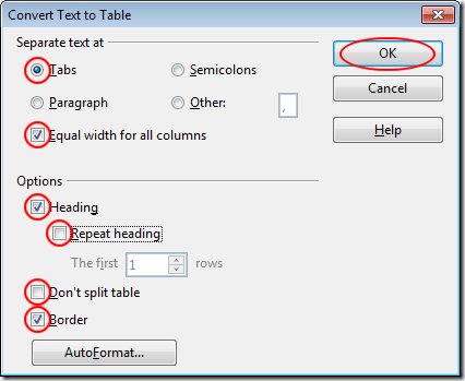 Convert text to Table Options