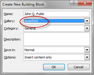 Create New Building Block - Auto Text