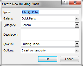 Create New Building Block PopUp