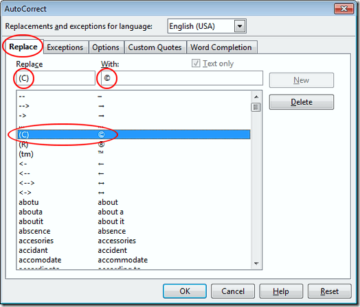 Delete Copyright Symbol AutoCorrect Option