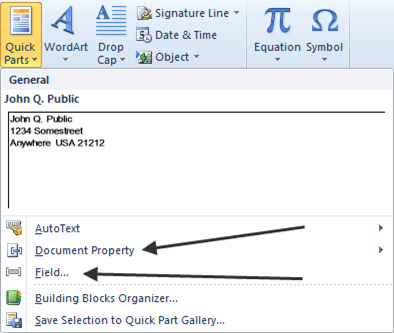 Document Property and Field Menu Choices