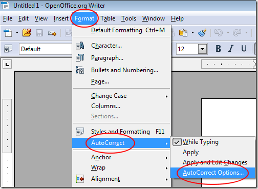 OpenOffice Writer AutoCorrect Options