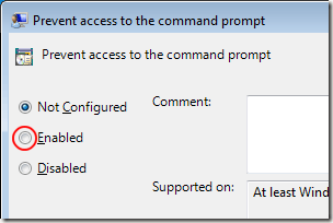 Prevent Access to the Command Prompt Enabled