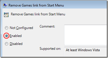 Remove Games Link from Start Menu Enabled