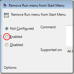 Remove Run Menu from Start Menu Enabled