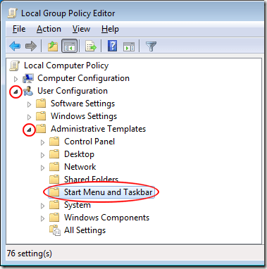 Start Menu and Taskbar Local Group Policy Editor