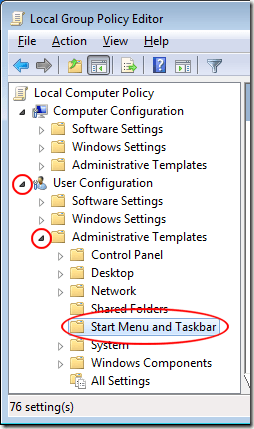 Start Menu and Taskbar in Local Group Policy Editor
