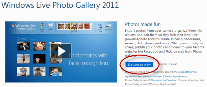 Windows Live Photo Gallery 2011 Download page