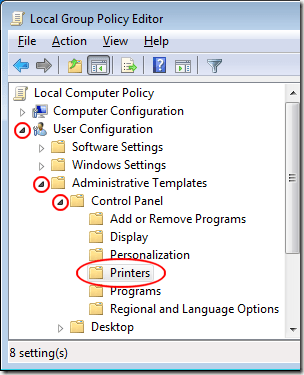 Printers Folder in Local Group Policy Editor