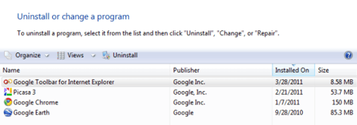 Uninstall Google Toolbar