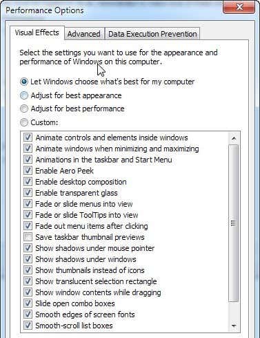 как вернуться к настройке параметров производительности в Windows 8