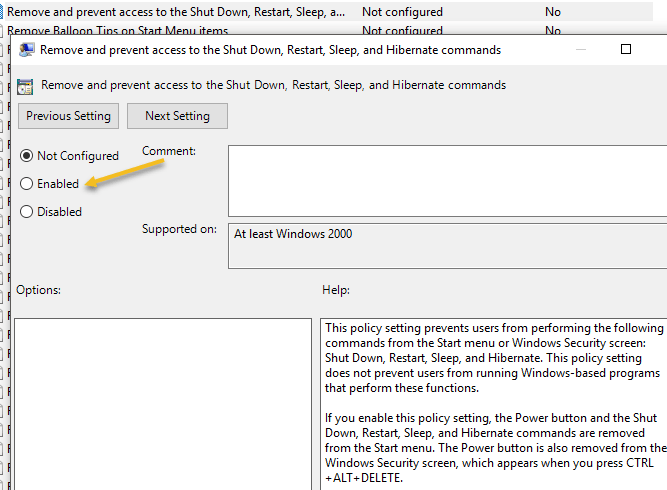 windows 10 remote desktop remove shutdown option