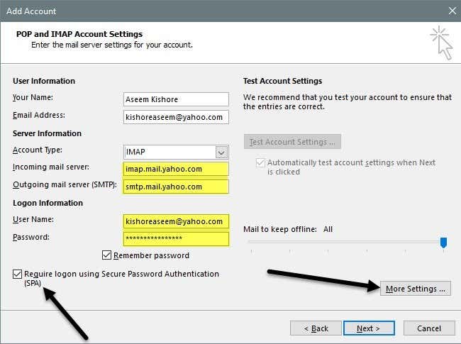 configuring yahoo email in outlook
