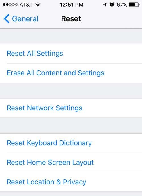 reset settings iphone