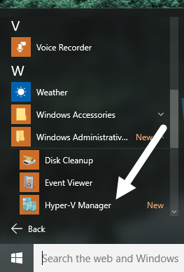 start menu hyper v