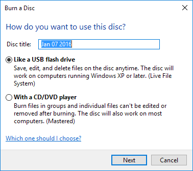 burn a disc options