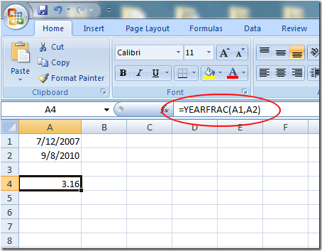 Results of Using the YEARFRAC Function in Excel