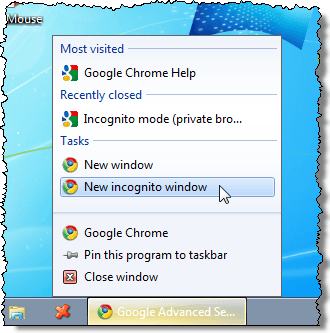 la Apertura de una nueva ventana de Incógnito de Chrome en la barra de tareas