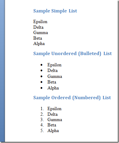 Three Types of Lists in Word