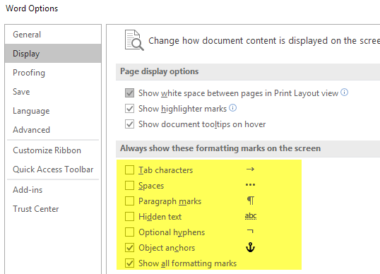 mac ms word turn off formatting marks