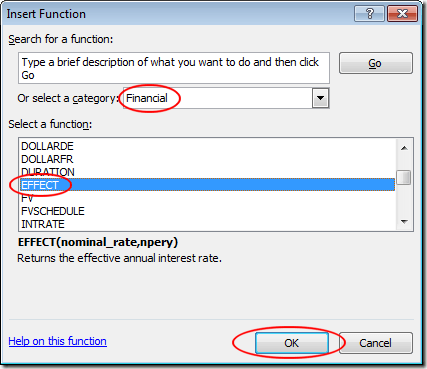 Excel Seleccione la Función de EFECTO