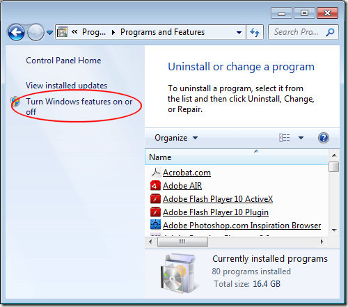 Turn Windows Features On or Off Link