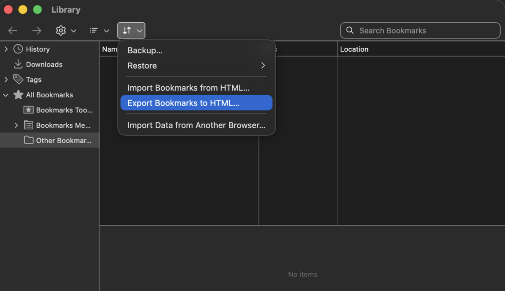 Screenshot 2026-03-19 at 111644 PM - Online Tech Tips Export bookmarks to HTML menu option selected in Firefox Manage Bookmarks section