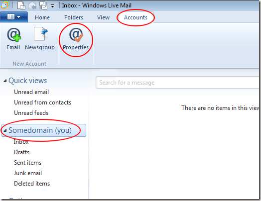 Свойства учетной записи почты Windows Live