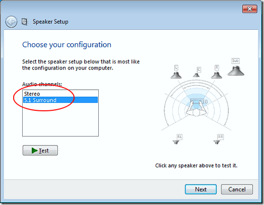 la Configuración de Sonido Envolvente en Windows 7
