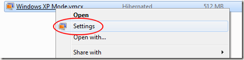 Edit Windows XP Mode Settings