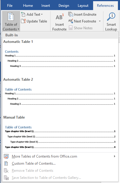 word 2016 table of contents using only heading 1