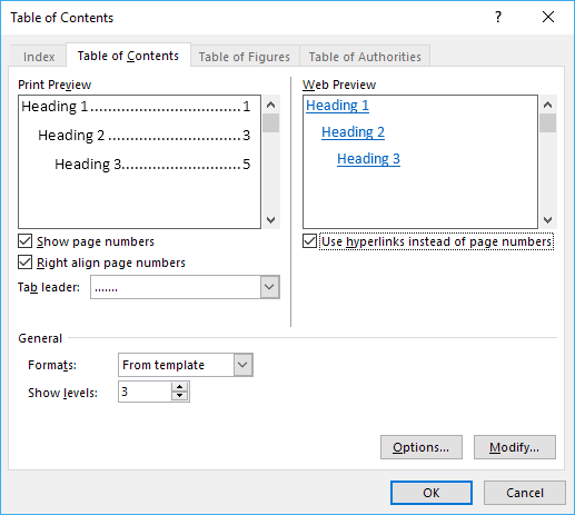 table of contents options